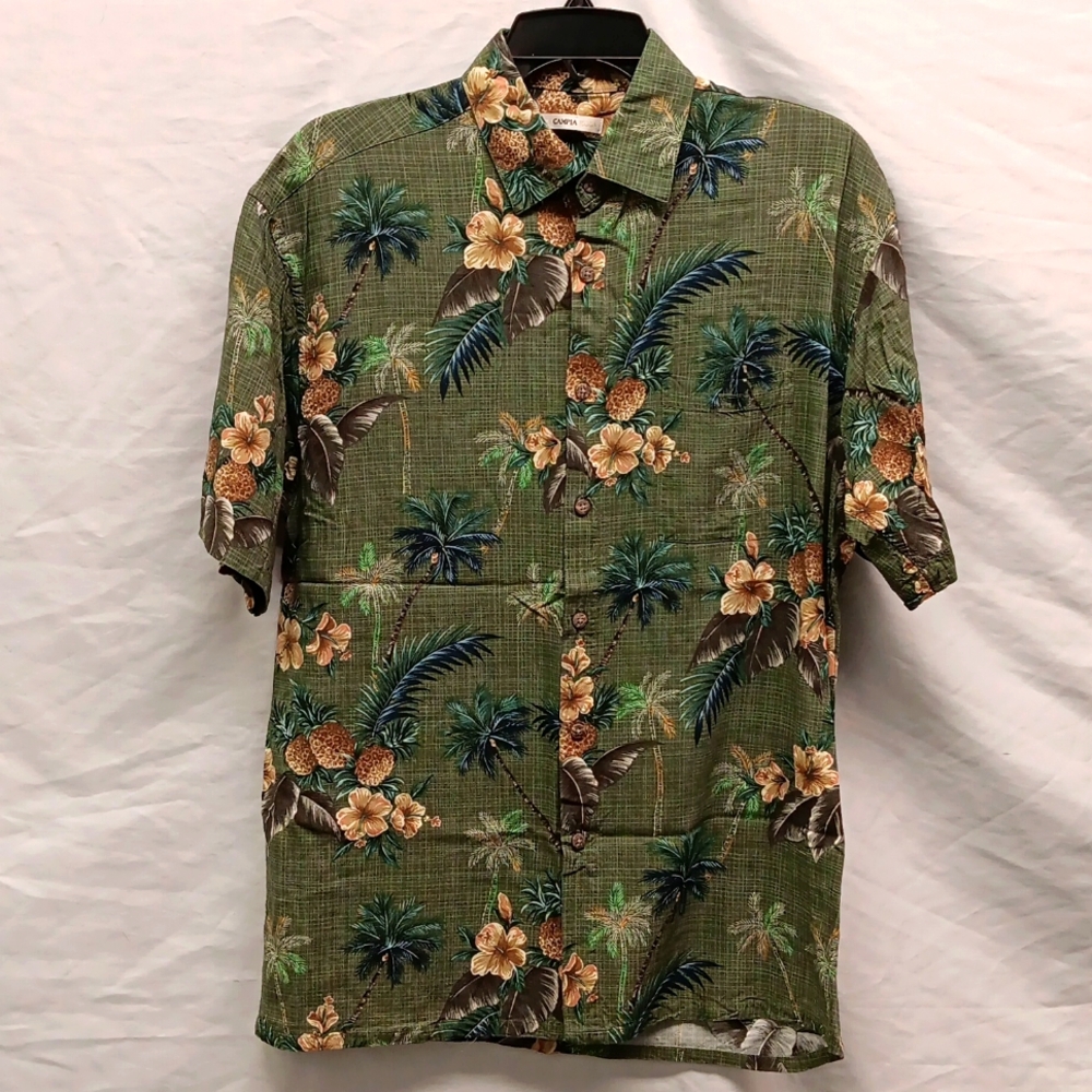 Moda Campia  Hawaiian Tropical Shirt Medium Pineapple,Hibiscus and Palm Trees